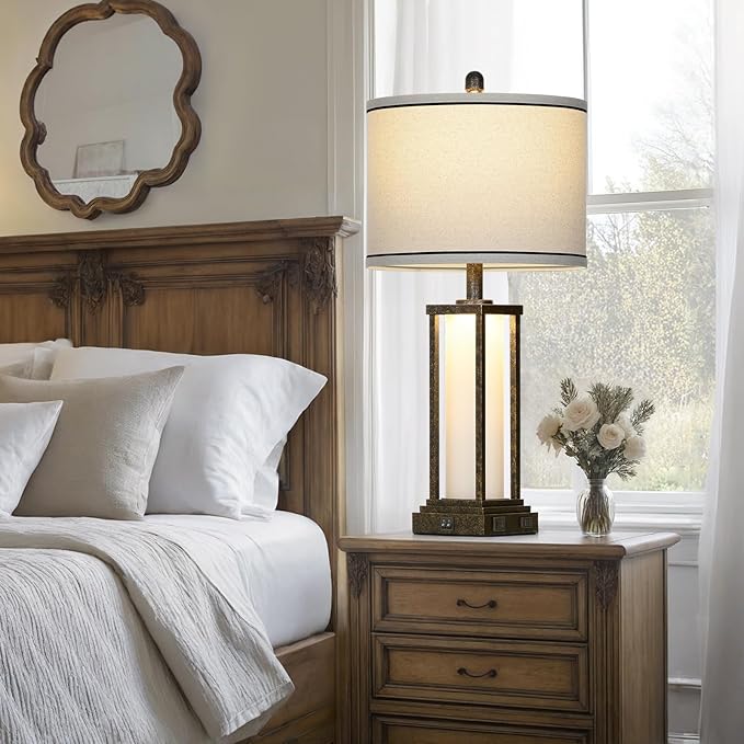 Cinkeda 27" Tall Vintage Table Lamp with USB C+A & Outlet,Bronze Industrial End Table Lamp for Living Room,Farmhouse Rustic Bedside Lamp with Frosted Glass Night Light for Bedroom Nightstand,Bronze-1P