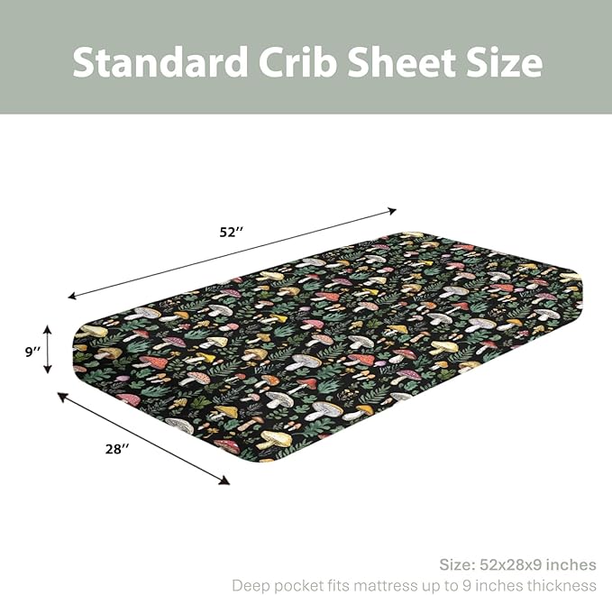 Colorful Mushrooms Green Leaves Baby Crib Sheets for Boy Girl 28"x52" Fall Mushroom Soft Stretchy Fitted Crib Mattress Cover Autumn Baby Sheet for Standard Crib & Toddler Mattress Pad