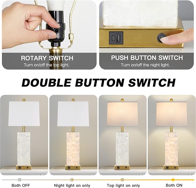 luxeflow 28" Coastal Table Lamps for Living Room Set of 2, Bedside Lamps with Night Light, USB A+C Ports, Modern Sea Shell Bedside Night Stands Light for Beachy Cottage Decor (Gold)