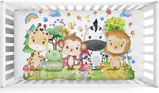 Baby Jungle Safari Animals Tropical Leaves Flowers Baby Crib Sheet 52''x28'' Fitted Crib Mattress Cover for Boy Girl Nursery Bed Sheet Fits Standard Crib Toddler Mattress (Forest, One Size)