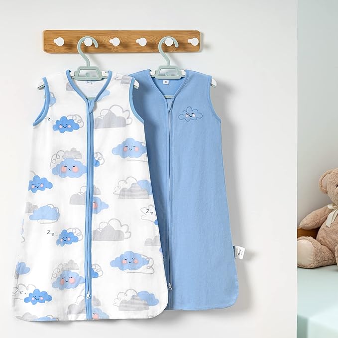 TILLYOU 2 Pack Infant Sleep Sack 0-6 Months 100% Cotton Wearable Blanket 0.5 TOG Sleeveless Summer Sleep Sacks with 2-Way Zipper, Small Cloud & Blue