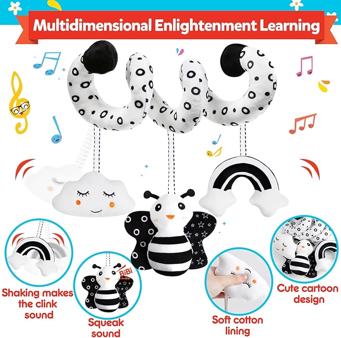 Baby Spiral Hanging Stroller and Car Seat Toys Black and White High Contrast Sensory Toy Newborn Plush Activity Toys Party Favors Quality Gifts for Baby Shower -BEE