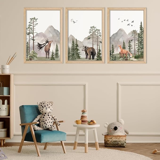 YWJKWLGS Wild Woodland Animals Nursery Wall Art Decor 16"×24" Set of 3 Jungle Theme Safari Forest Deer Bear Fox Posters Wood Framed Sign for Children's Boys Girls Room Watercolor Prints Hanging (Wood)