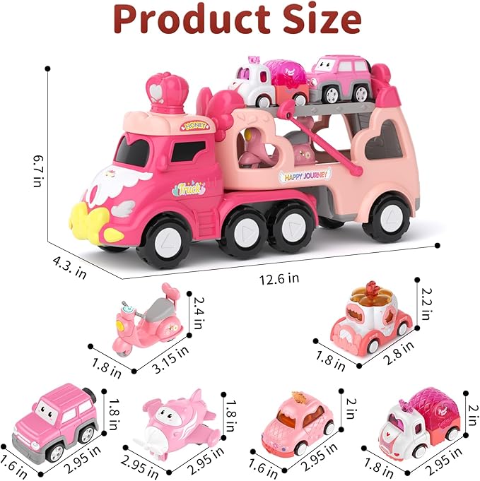 Toddler Girl Truck Toys for 2 3 Year Old Girl Birthday Gifts, 7-in-1 Pink Princess Car Transport Carrier Trucks for Toddlers 2-4, Friction Power Toy Cars with Lights & Music, My daughter First Gift
