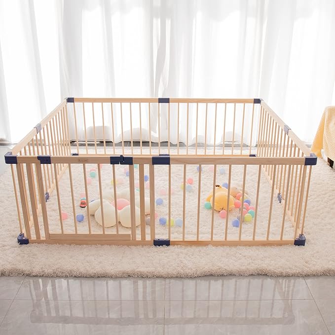 Wooden Baby playpen with Door, Play Fence for Babies, Kids Safety Play Center Yard,Playpen with gate for Infants and Babies,Extra Large Playard, Anti-Fall Playpen(Natural, w/Locking Gate)