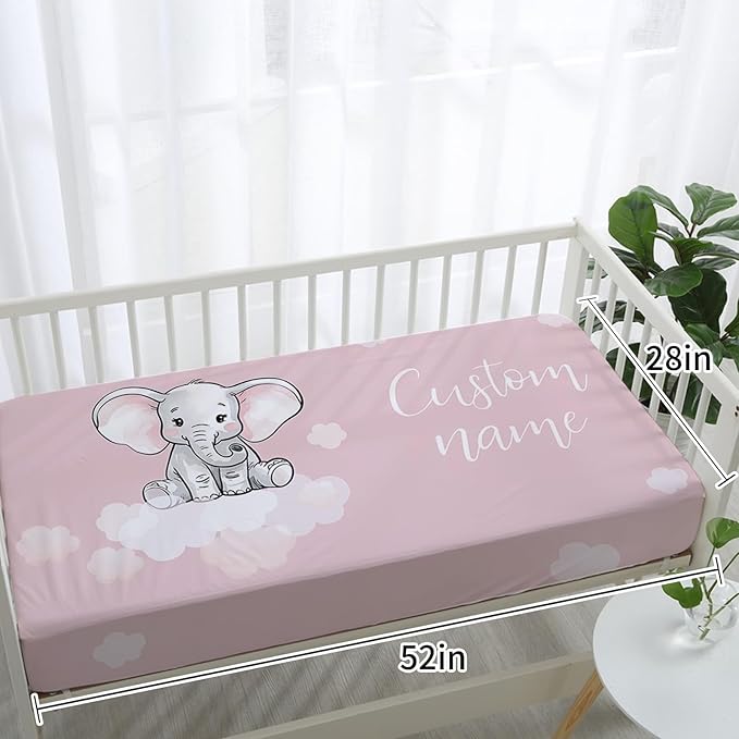 Personalized Baby Crib Bedding Set: 4 Piece Custom Starry Sky Elephant Crib Bed Set with Name, Nursery Bedding Set for Baby Girls, Newborn Boys Crib Sets, Crib Bedding Custom Gift, Crib Sheet