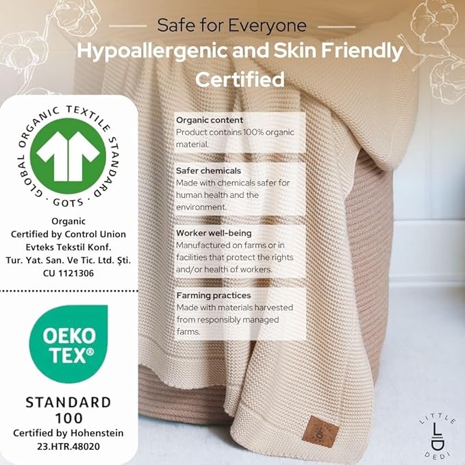 100% Organic Cotton Baby Knitted Blanket with Gift Box - Soft Toddler, Crib, Stroller Blanket - Neutral Swaddle and Receiving Blanket for Newborns, 30"x40", Beige