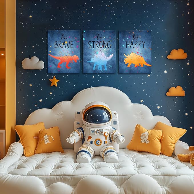 Apicoture Navy Blue Dinosaur Kids Room Wall Decor Brave Happy Cartoon Quotes Dinosaur Paintings Canvas Wall Art Pictures For Childrens Bedroom Framed, 12"X16"X3 Panels (Blue)