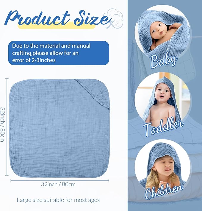 VitalCozy 6 Pcs Baby Muslin Hooded Bath Towels and Washcloths Muslin Cotton Hooded Baby Towels Absorbent Blankets for Gift Newborn Infant Shower (35 x 35 Inch,Mint Blue,Sky Blue)