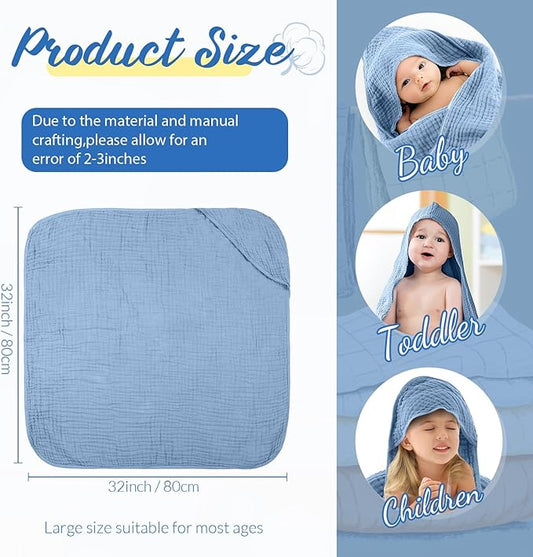 VitalCozy 6 Pcs Baby Muslin Hooded Bath Towels and Washcloths Muslin Cotton Hooded Baby Towels Absorbent Blankets for Gift Newborn Infant Shower (35 x 35 Inch,Mint Blue,Sky Blue)