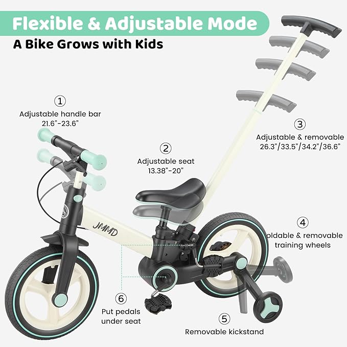 JMMD 6 in 1 Toddler Bike with Push Handle for Kids 18-60 Months, 12" Foldable Balance Bike with Training Wheels, Pedals, Brakes, Kickstand, Push Tricycle Toddler Gift & Toys for Boy & Girl