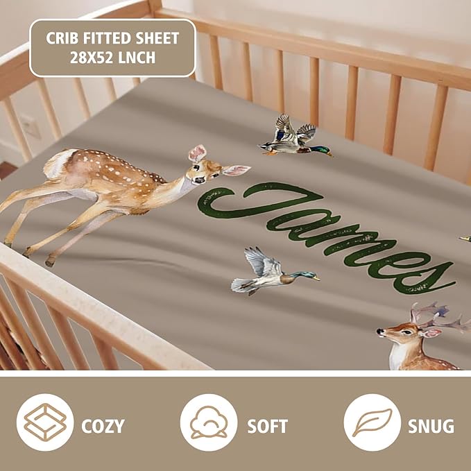 Personalized Crib Bedding Set for Boys Girls, Custom Baby Crib Sets with Name, Multi-grid Deer Design Nursery Bedding 2 Piece - Soft Blanket with Double Layer Dotted Backing, Crib Fitted Sheet