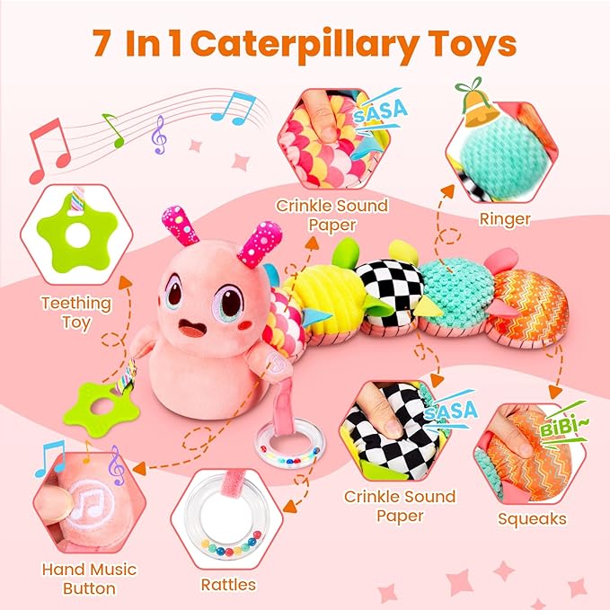 Baby Toys 0-6 Months, Washable Baby Musical Caterpillar Toys with 10 Kid's Songs,Rattles,BabyTeething Toys,Suitable for 0-6, 6-12 Months Infant Tummy Time Toy,Newborn Baby Boy&Gril Gifts(Pink)