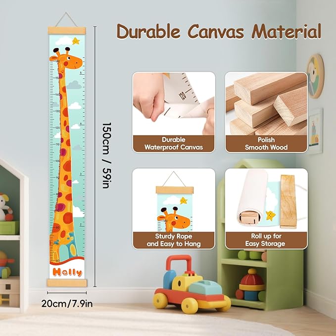 Personalized Name Kid Height Measurement for Wall, Giraffe Canvas Growth Chart Removable, Waterproof Height Chart for Kids Boys Girls Toddler, Playroom Wall Decor Growth Chart for Wall