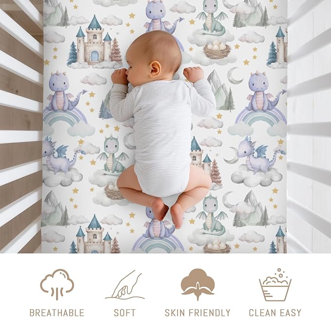 Purple Baby Dragons Crib Sheets for Boy Girl Fairytale Dragon Castle Trees Moon Rainbow Soft Stretchy Fitted Crib Mattress Cover for 52''x28'' Standard Crib & Toddler Mattress Fantasy Animal Bed Sheet