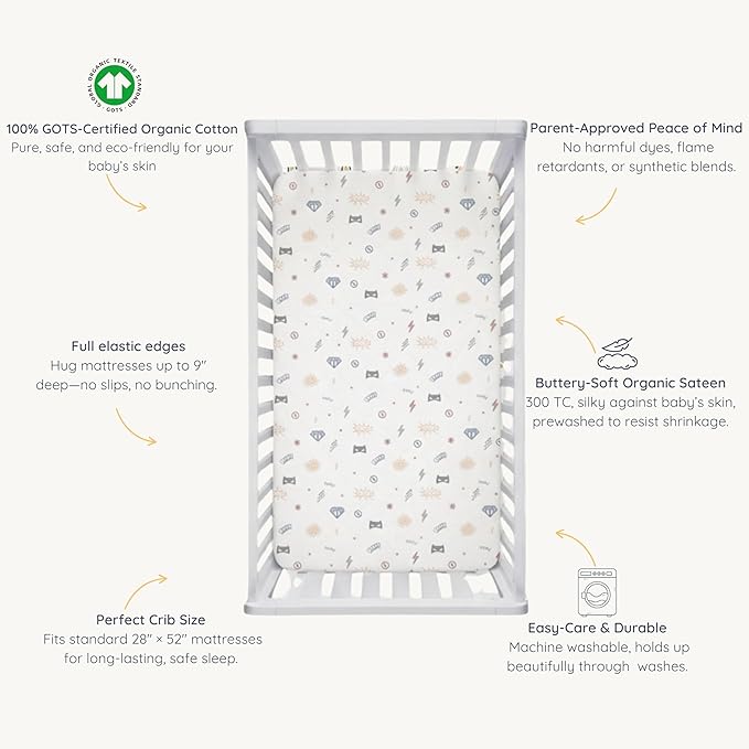 Makemake Organics GOTS Certified Organic Cotton Fitted Crib Sheet Soft Breathable Superheros (28"x52", Mighty Heros)