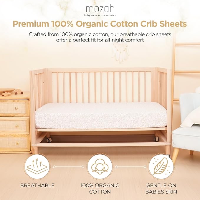 MOZAH Organic Muslin Crib Sheets, Soft and Breathable Bedding for Baby Girls or Boys, Snug Fitted Sheet for Standard Cribs & Toddler Mattresses, 2 Pack, Beige and Beige Leaves