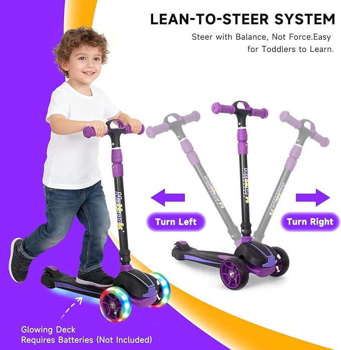 Nattork Kids Scooter for Age 3-8, Toddler Scooter with 4 Adjustable Height for Boys & Girls, Light Up 3-Wheels Foldable Kick Scooter, Lean to Steer, 120LB Weight Capacity