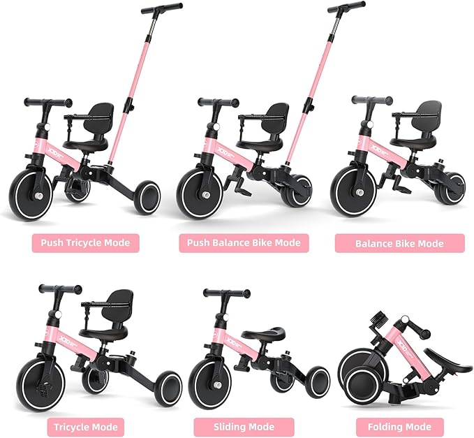XJD Toddler Bike, 6 in 1 Folding Toddler Tricycle for 1-4 Year Old with Parental Control Handle, Balance Bike with Removable Pedal, Backrest, Adjustable Seat, First Birthday Gifts (Pink)