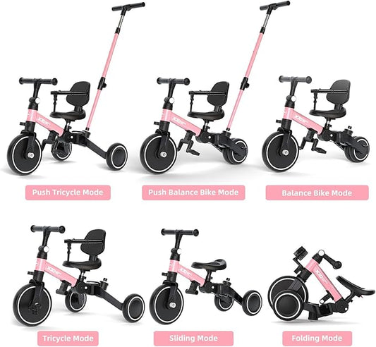 XJD Toddler Bike, 6 in 1 Folding Toddler Tricycle for 1-4 Year Old with Parental Control Handle, Balance Bike with Removable Pedal, Backrest, Adjustable Seat, First Birthday Gifts (Pink)