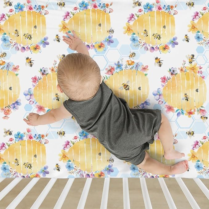 Bee Harmony Baby Crib Sheets for Boy Girl 52"x28" Yellow Bees Honeycomb Flowers Garden Soft Stretchy Fitted Crib Mattress Cover Spring Summer Baby Sheet for Standard Crib & Toddler Bed Mattress