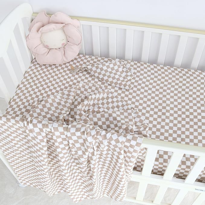 LifeTree Crib Sheets for Baby Unisex - Muslin Fitted Crib Sheets Toddler Bed Sheet, 70% Viscose from Bamboo and 30% Cotton, Coffee Checkered, 26in x 38in