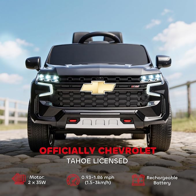 Aosom Licensed Chevrolet Tahoe Ride On Car, 12V 7AH Battery Power Ride On Toy with Parent Remote Control, LED Lights, Music, 4 Wheeler Suspension, 3 Speeds, Kids Electric Vehicle for Aged 3+, Black