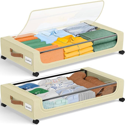 GoMaihe Under Bed Storage with Wheels: XXL Underbed Storage Containers with Lids - Rolling Bins for Shoes Clothes in Dorm Bedroom - Metal Drawers Easy Pull-out Beige 2-Pack