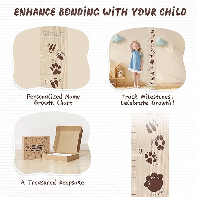 Woodemon Personalized Growth Chart for Wall, Animal Footprints Height Chart for Kids, Customize Growth Measuring Board for Girls Boys Teen Room Nursery Wall Decor