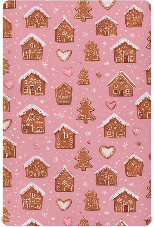 Christmas Gingerbreads Pinks Cute Crib Sheets Soft Breathable Fitted Baby Crib Sheets Mattress Cover for Girls Boys, 52" x 28" x 9"