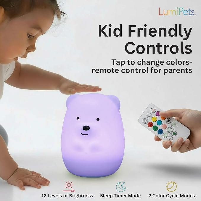 Lumipets Benny The Bear Squishy Silicone Night Light for Kids | Cute Night Light with Remote & Touch Control for Girls & Boys | 9 Color Changing Soft Portable Animal Lamp Comes with USB Cord