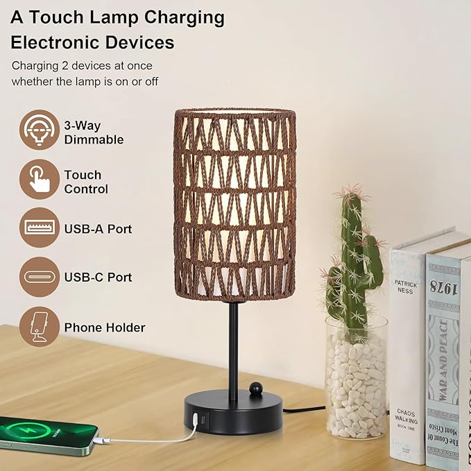 Eayaya Bedside Lamps Set of 2, Touch Control Night Stand Lamp for Bedroom with Rattan & Linen Shade & Bulbs, 3 Way Dimmable Small Boho Table Lamps with USB Charging Port & Phone Stand (Coffee Color)