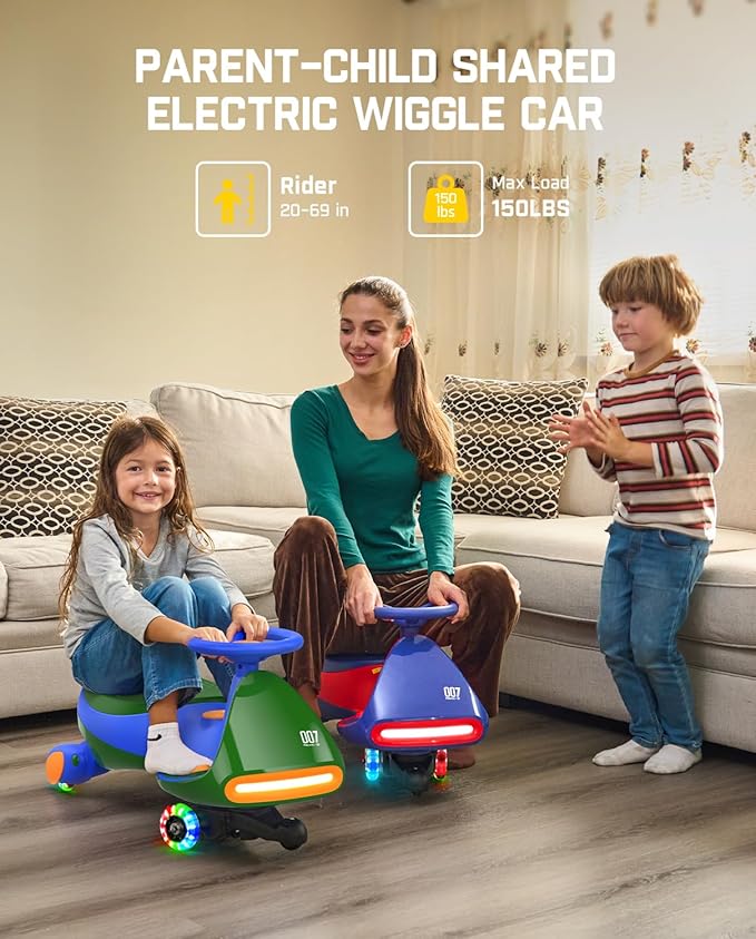FanttikRide N7 Pro Electric Wiggle Car with Pedal, Rechargeable Battery, CyberWiggle, 2 in 1 Swing Car, 2 Speeds Max 4 Mph, Anti-Rollover, Flashing Wheels, Bluetooth, for Ages 3 and Up, 150 Lbs, Green