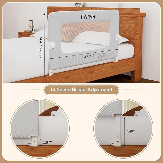 Bed Rail for Toddlers 43in Folding Bed Rail,T-Shaped No-Drill Base with Safety Lock,Soft 3D Fabric,Baby Bed Rail Guard for Twin,Full,Queen,King Beds,Toddler Bed Rail Guard(Gray, 43" L)