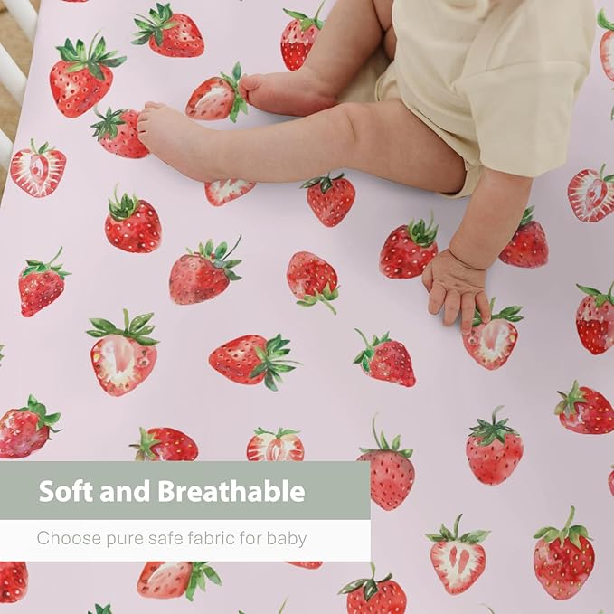 Red Strawberries Baby Crib Sheets for Boy Girl 52x28Inch Watercolor Strawberries Fruit Soft Snug Fitted Crib Mattress Cover Sweet Summer Pink Baby Sheet for Standard Crib and Toddler Bed Mattress