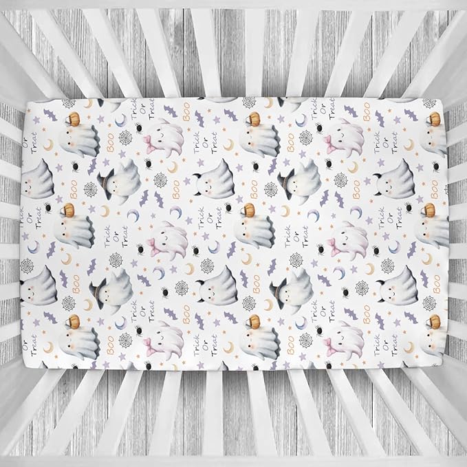 Cute Spooky Halloween Baby Crib Sheets Watercolor Witch Hat Spooky Pumpkins Baby Sheets Fall Moon Stars Fitted Crib Mattress Cover for Standard Crib Toddler Mattresses 28x52in