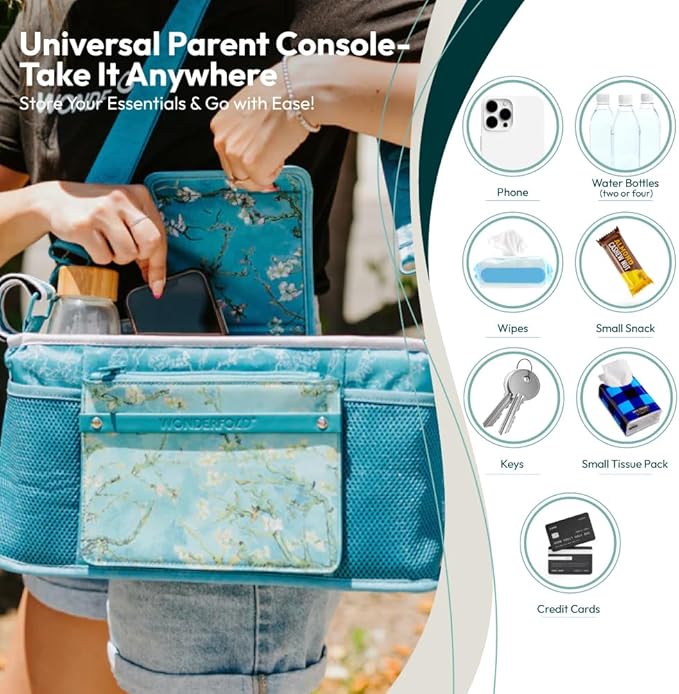 WONDERFOLD Universal Parent Console Stroller Organizer with Insulated Cup Holders, Hook & Loop Closure Handle Attachment, 2 Storage Pockets, Removable Shoulder Strap for Easy Transport
