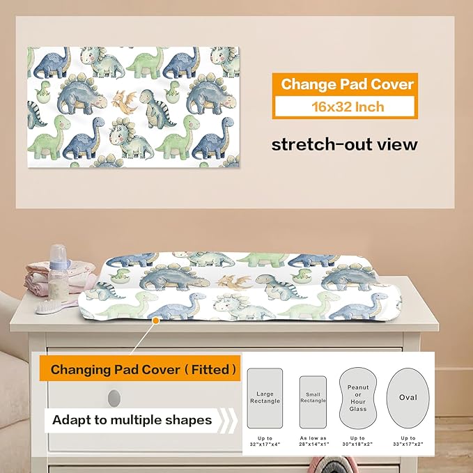 Custom Baby Bedding Set: Personalized Green Blue Dinosaur Bedding, Baby Blanket Fitted Sheet Changing Cover Nursery Rug Gift Idea Room Decor
