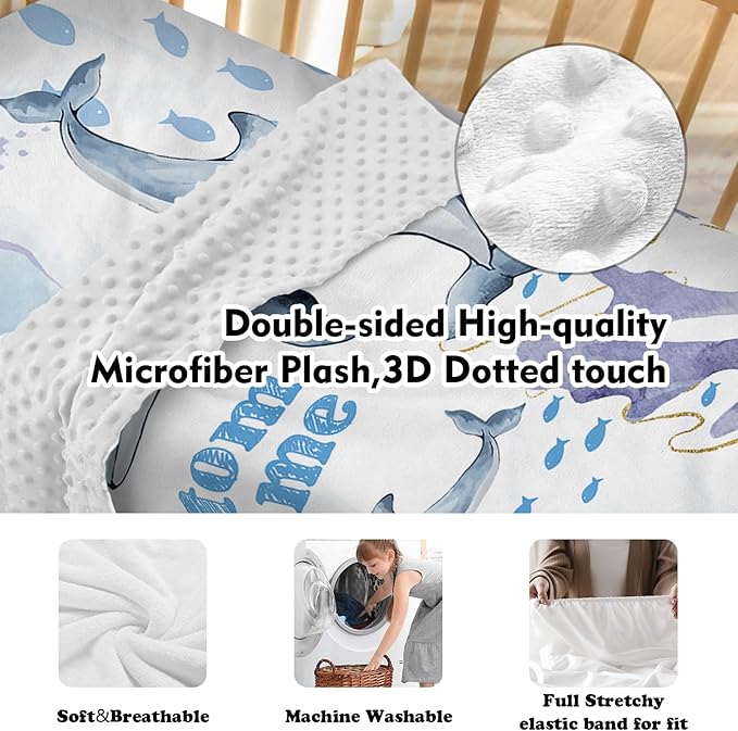 Custom Baby Crib Bedding Set, Personalized Name Blue Dolphin Theme Crib Set 3 Pcs, Soft Double Layer Blanket, Crib Sheet & Room Rug, Ideal Nursery Decor Gift for Baby Girls Boys