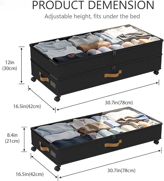 GOVEYONY Under Bed Storage with Wheels 2-Pack, 75L XXL Under the Bed Storage Containers Large, 12" Tall Adjustable Storage for Underbed with Lids, Rolling for Clothes, Shoes, Blankets (Black)