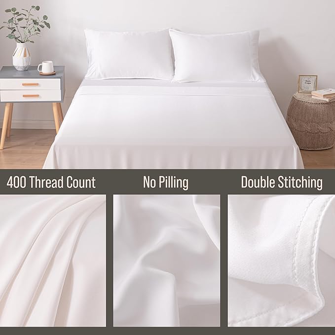 Bella Coterie Luxury Bamboo Viscose Queen Size Flat Sheet | 100% Organically Grown | Ultra Soft | Cooling for Hot Sleepers [White]