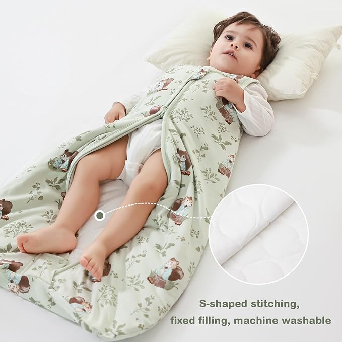 Mosebears Sleep Sack Baby Winter Wearable Blanket with 2-Way Zipper,2.5 TOG Cotton Sleep Sack Unisex(Green Animal,6-12 Months)