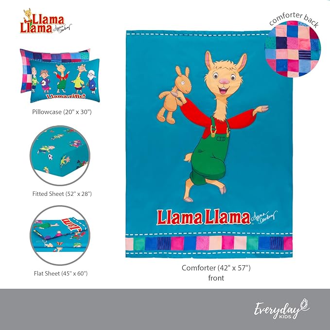 EVERYDAY KIDS Llama Llama 4 Pc Toddler Bedding Set with Comforter, Flat Sheet, Fitted Sheet and Pillowcase Bright Blue Toddler Bed Set Features Llama Llama and Friends
