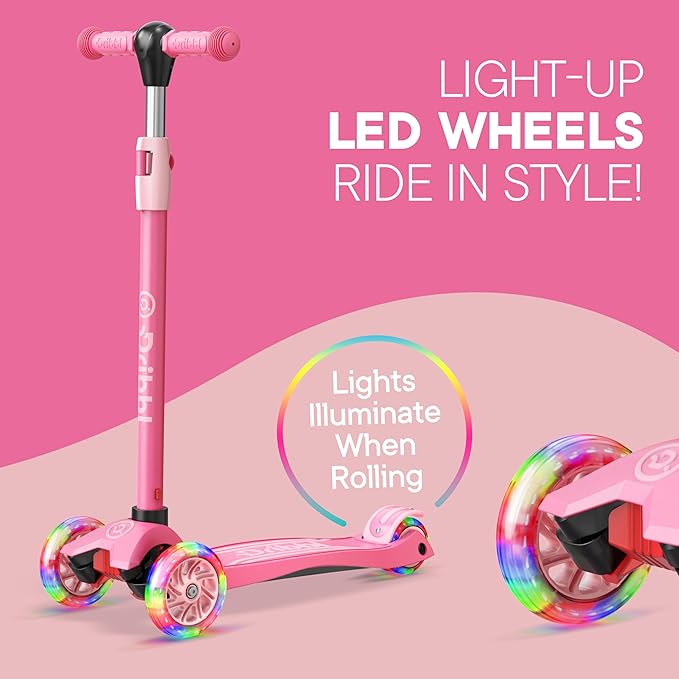 Dribbl 3-Wheel Kids Scooter - Lean-to-Steer Technology, Adjustable Height Handlebar, Wide Anti-Slip Deck, Scooter for Boys & Girls Ages 3+, Child Safety Approved, Support Riders Up to 165 lbs, Pink