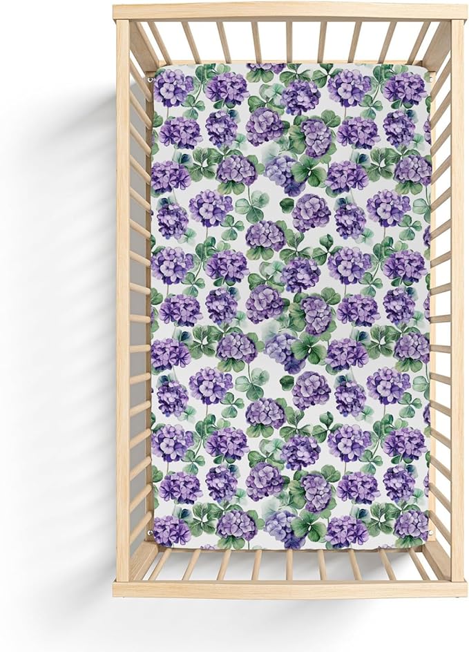 Purple Wildflowers Watercolor Baby Crib Sheets for Boy Girl 28"x52" Retro Hydrangea Floral Leaves Soft Snug Fitted Crib Mattress Cover Spring Garden Baby Sheet for Standard Crib & Toddler Mattress
