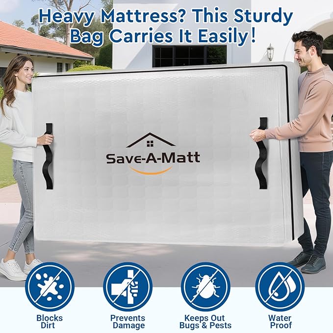 Mattress Bags for Moving -Extra Thick Queen Mattress Storage Bag, 8 Strong Handles & Reinforced Stitching, Waterproof Reusable Clear Mattress Cover Protector (82’’x63’’x15’’ Queen Size)