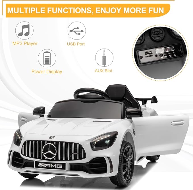 Winado 12V Ride on Car, Licensed Mercedes Benz AMG GTR Battery Powered Electric Vehicle, w/Parent Remote, Wider Seat, LED Lights, Openable Doors, MP3 Player, Smooth Start, 3 Speeds - White
