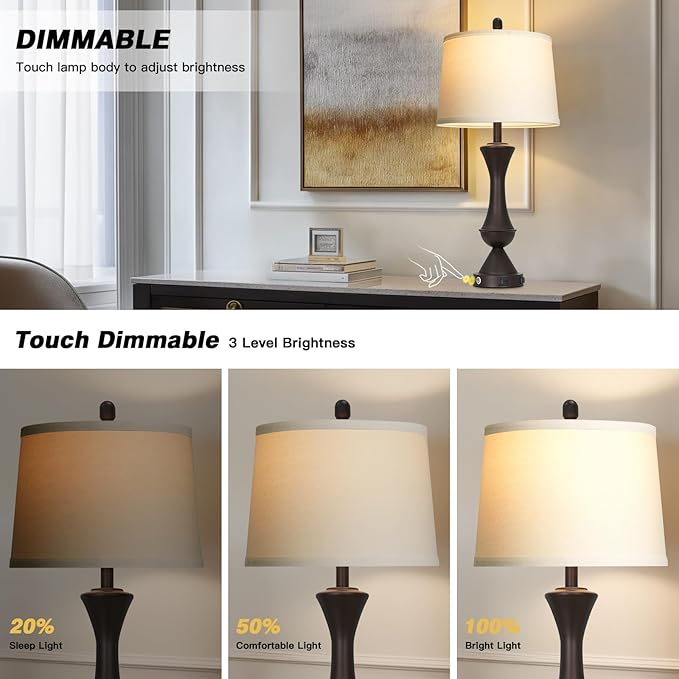 luxeflow 29" BrownTall Table Lamps for Living Room, Touch Control Bedroom Lamp with USB A+C Ports, 3-Way Dimmable Bedside Table Lamps Set of 2, Modern Metal Lamp for Nightstand