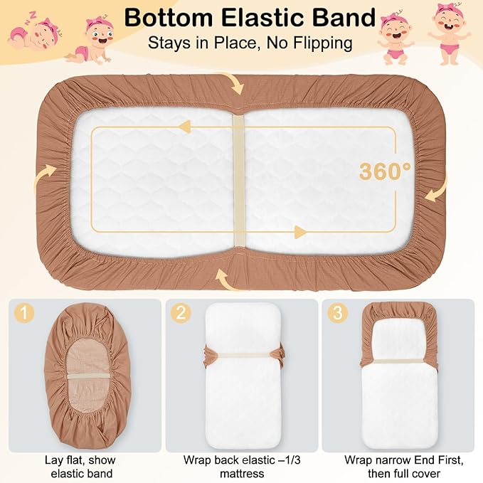 Baby Bassinet Sheets TPU Waterproof 2 Pack Soft Muslin Bedside Bassinet Mattress Sheets with Bottom Elastic Band for Baby Boy Girls Unisex Fit Hourglass Oval and Rectangle, White Rainbow