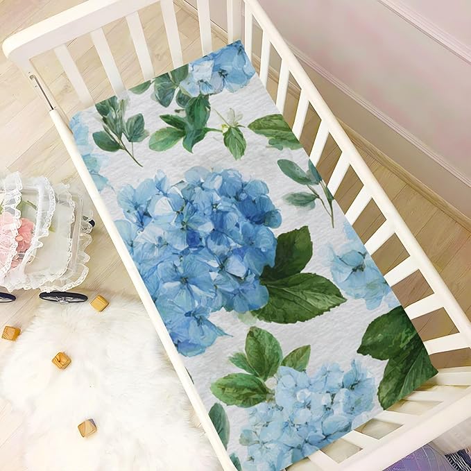 Vintage Blue Hydrangea Crib Sheets Standard Crib Toddler Mattresses Cover Fitted Baby Bed Sheet Breathable Crib Mattress Sheet for Girls Boys 39''x27''x9''
